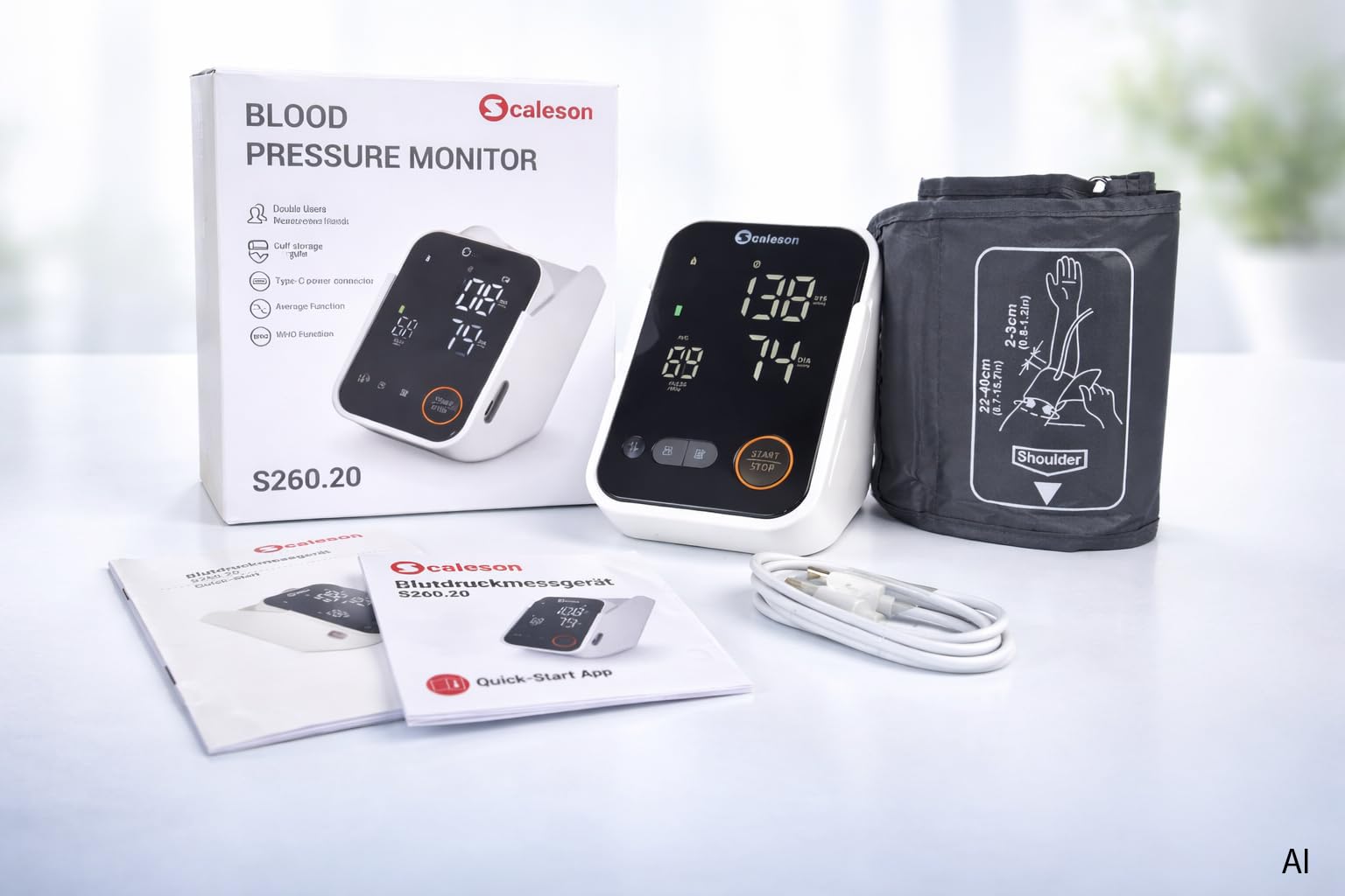 SCALESON S260.20 ciśnieniomierz na ramię z przegródką do przechowywania/funkcja średnia/z dużym ekranem LED/funkcją WHO/podwójnego użytkownika/2 x 120 miejsc pamięci/funkcja aplikacji/funkcja głosu