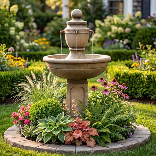 Dalxo 35-Inch Outdoor Water Fountain, 2-Tier Modern Italian Floor Standing Resin Waterfall Fountain with Warm Light, Home Art Decor for Garden, Patio, Yard, Porch, Deck, Lawn or Balcony in Brown