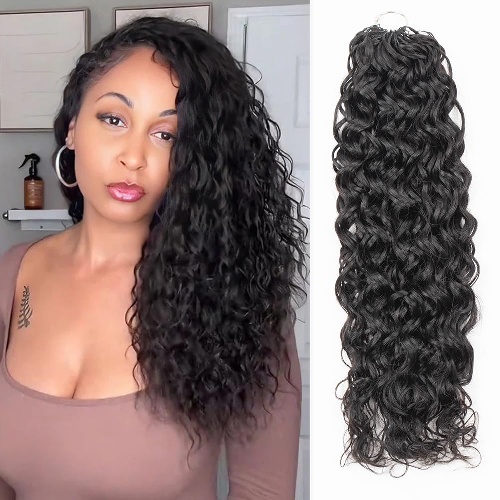 QVR Pro Pre Separated Water Wave Feather Crochet Human Hair Bulk Pre Looped and Lightweight Knotless Invisiable Knot With String Natural Black 45 cm 56 Gram/Pack