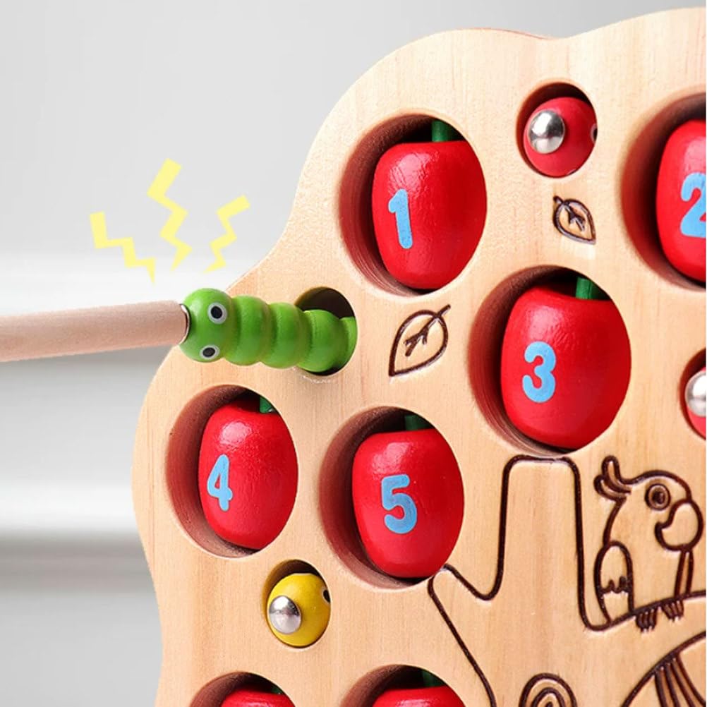 Montessori Holzmagnetspiel Apfelbaum Fängt den Wurm | Kleinkind-Feinmotorik-Trainingsspielzeug mit Zange und Magnetstab, 1-10 Zahlenzähl- und Zuordnungsspielzeug