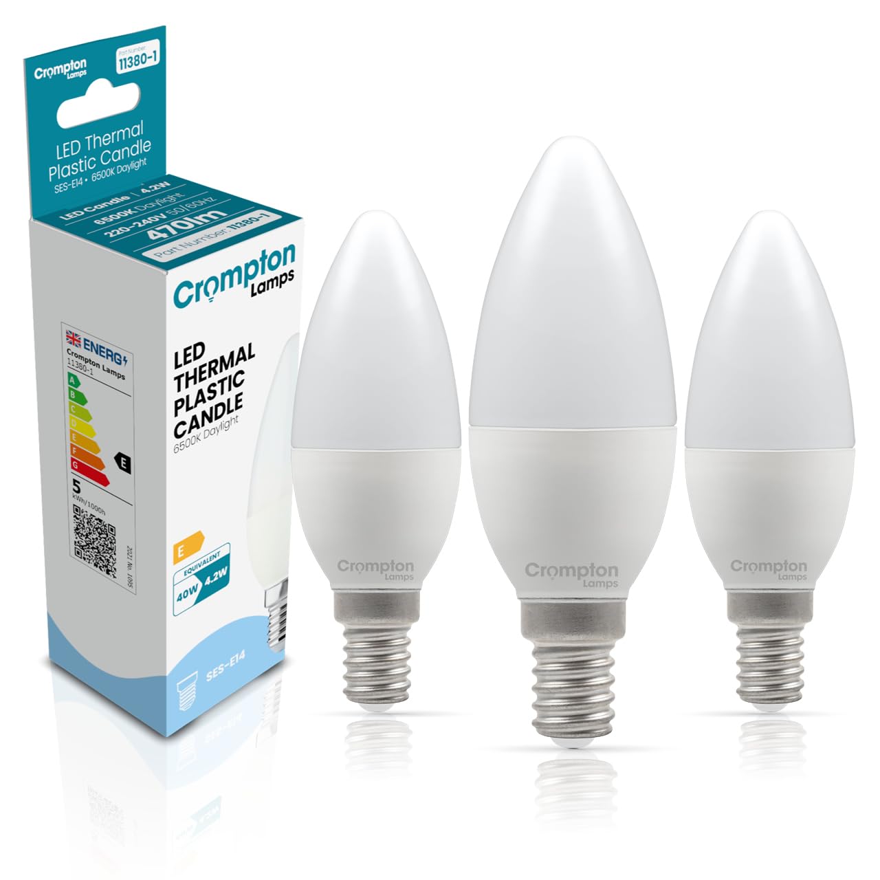 Crompton Lamps Candle LED E14 Bulb | 4.2W = 40W Equivalent | Daylight 6500K | Energy Efficient | Small Screw Lightbulb | Long Life 25,000-Hrs | Bulbs for Lamps | 3-Pack