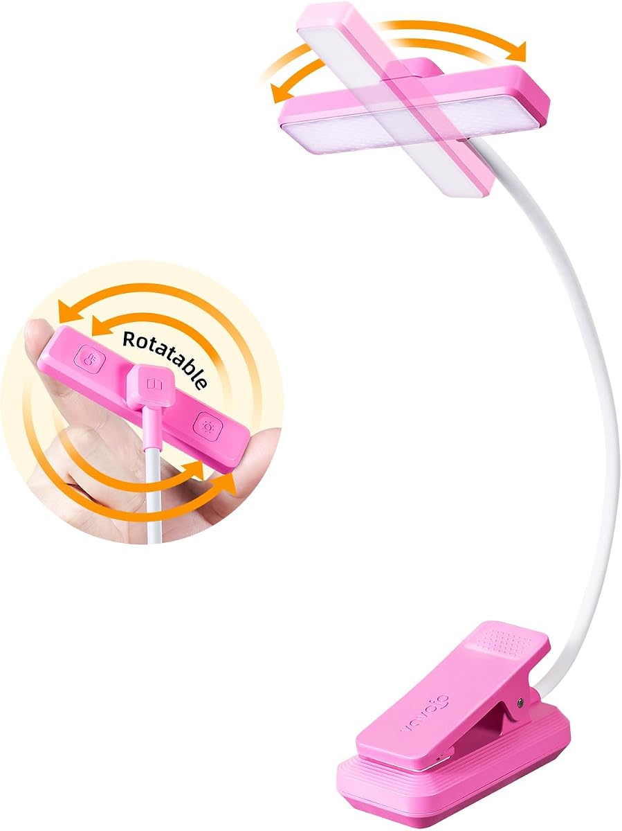 VAVOFO Luz de libro recargable giratoria: luz de lectura de 24 LED, lámpara de libro de 3 colores y 9 brillos, cuidado de los ojos, tiempo de ejecución de 120 horas, luz LED ligera con clip para amantes de los libros (rosa)