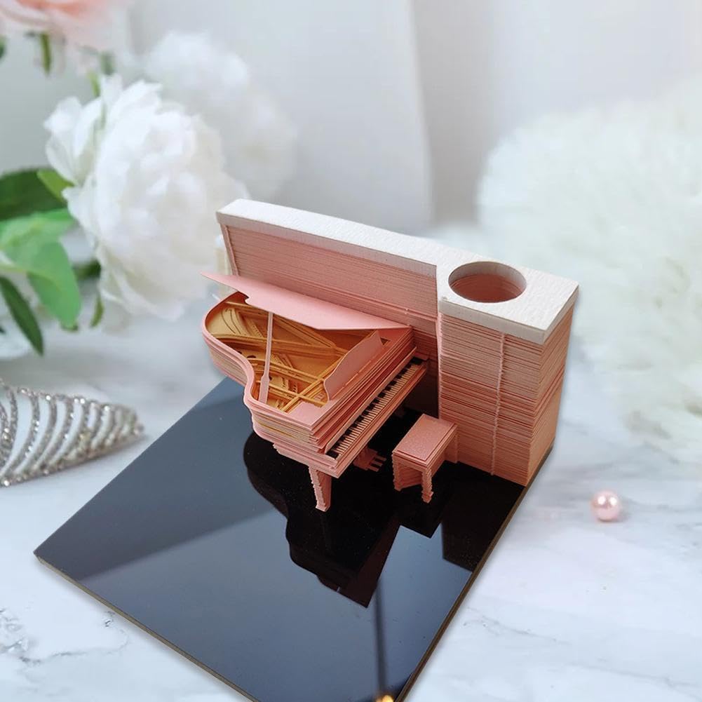 Notes samoprzylepny 3D Paper Sculpture Art, Odrywany kalendarz Fortepian Kalendarz 2025 Notatnik 3D Pad prezentowy Artykuły biurowe Wygodne naklejki Bloki noworoczne(Piano,Pink)