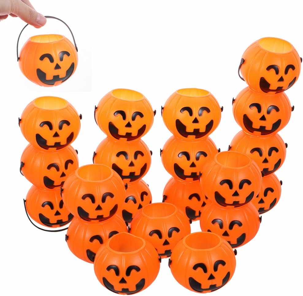 FOMIYES 20 Pcs Mini Pumpkin Bucket Halloween Pumpkin Pail, Trick or Treat Candy Holder Plastic Jack-O-Lantern Pumpkins Holder for Kids Halloween Party Favor Masquerade Decor(Random Eye Style)