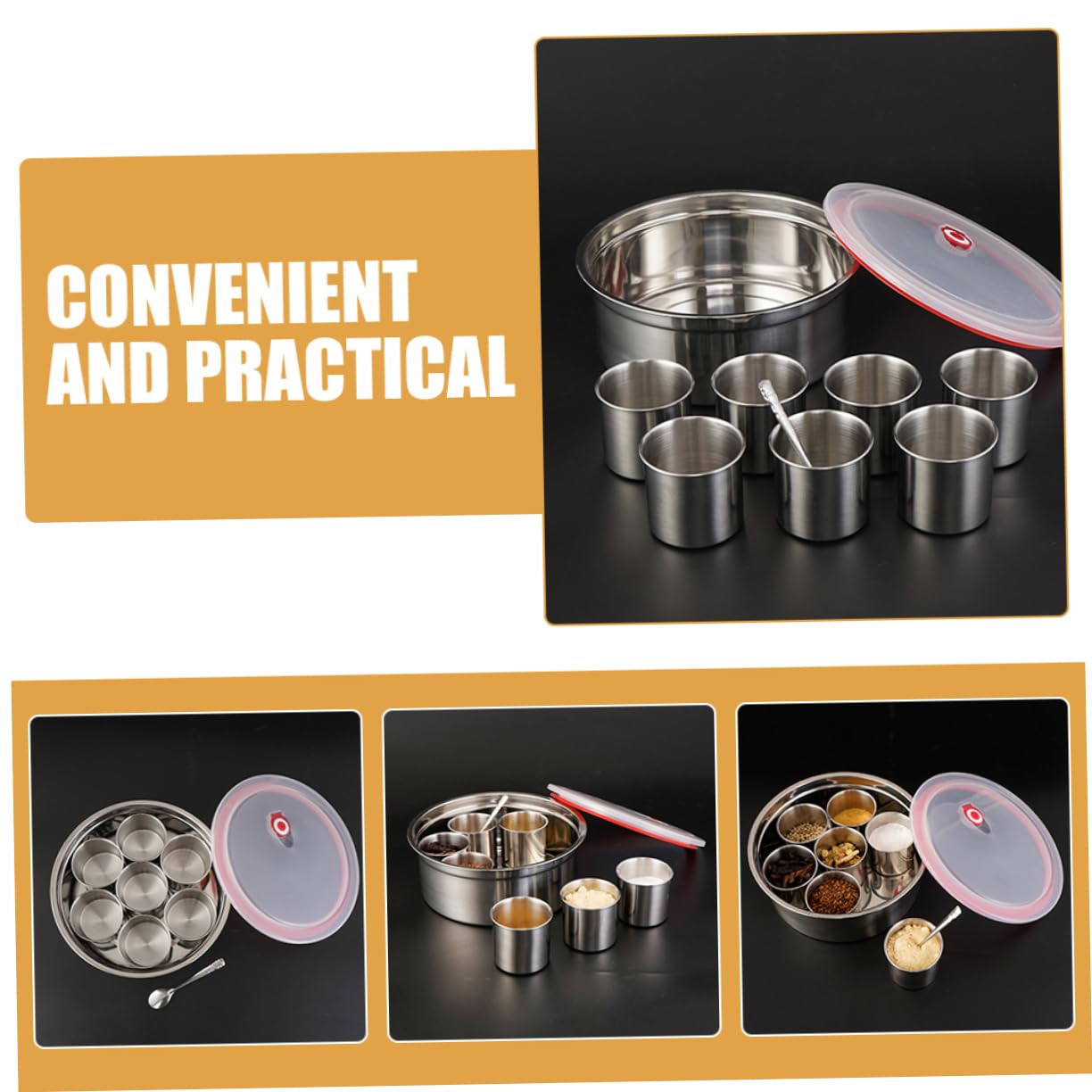Boîte De Rangement À Épices En Acier Inoxydable Avec Couvercles Et 4 Compartiments Organiseur De Condiments Pour