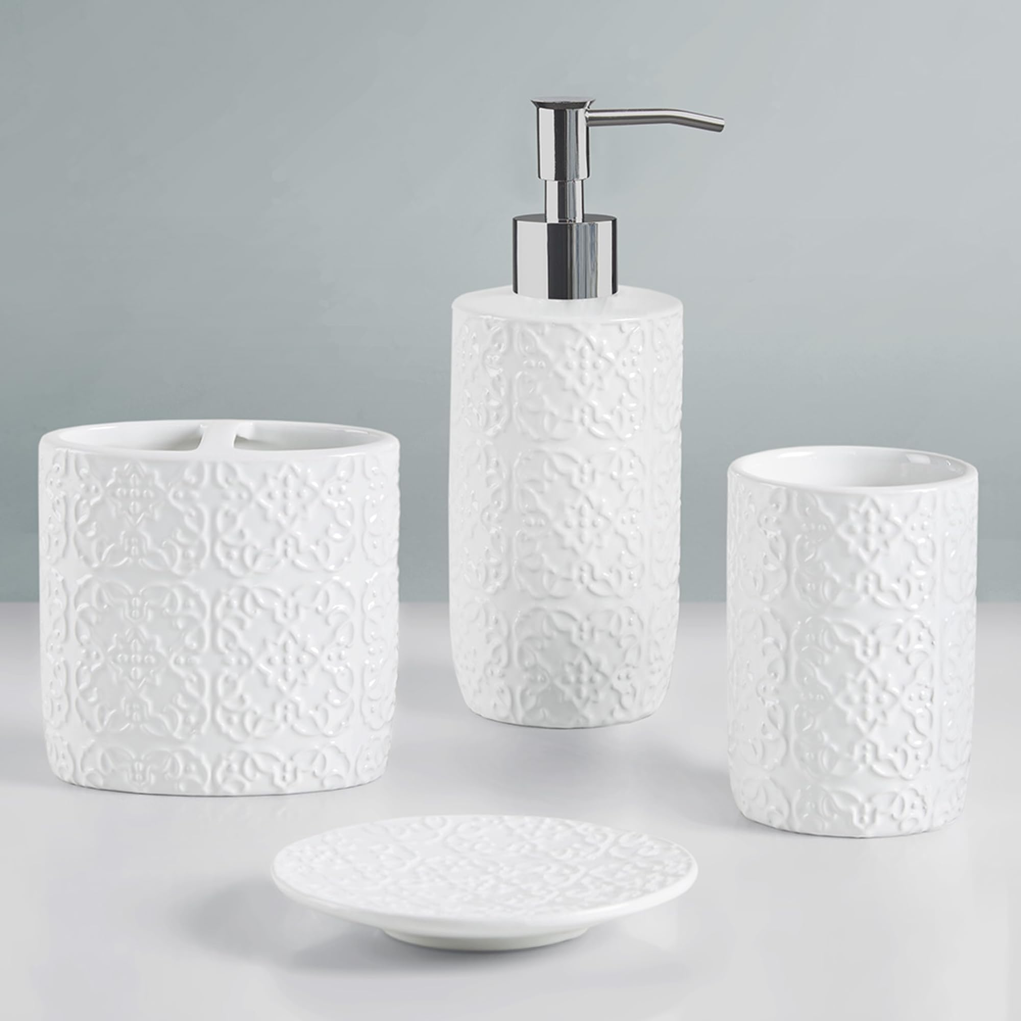 Martha Stewart Ceramic Bathroom Accessories Set, Vanity Decor Storage Organizer, Embossed Damask Medallion, Lotion/Soap Dispenser, Toothbrush Holder, Tumbler, Trinket Dish, Assorted Sizes White