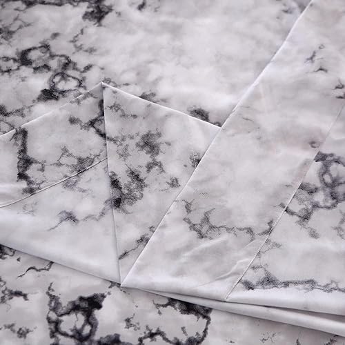Miniatura 3 de MAG Juego de sábanas con estampado de mármol, 4 piezas, color negro, blanco y gris, tamaño matrimonial, con 1 sábana encimera superior y 1 sábana