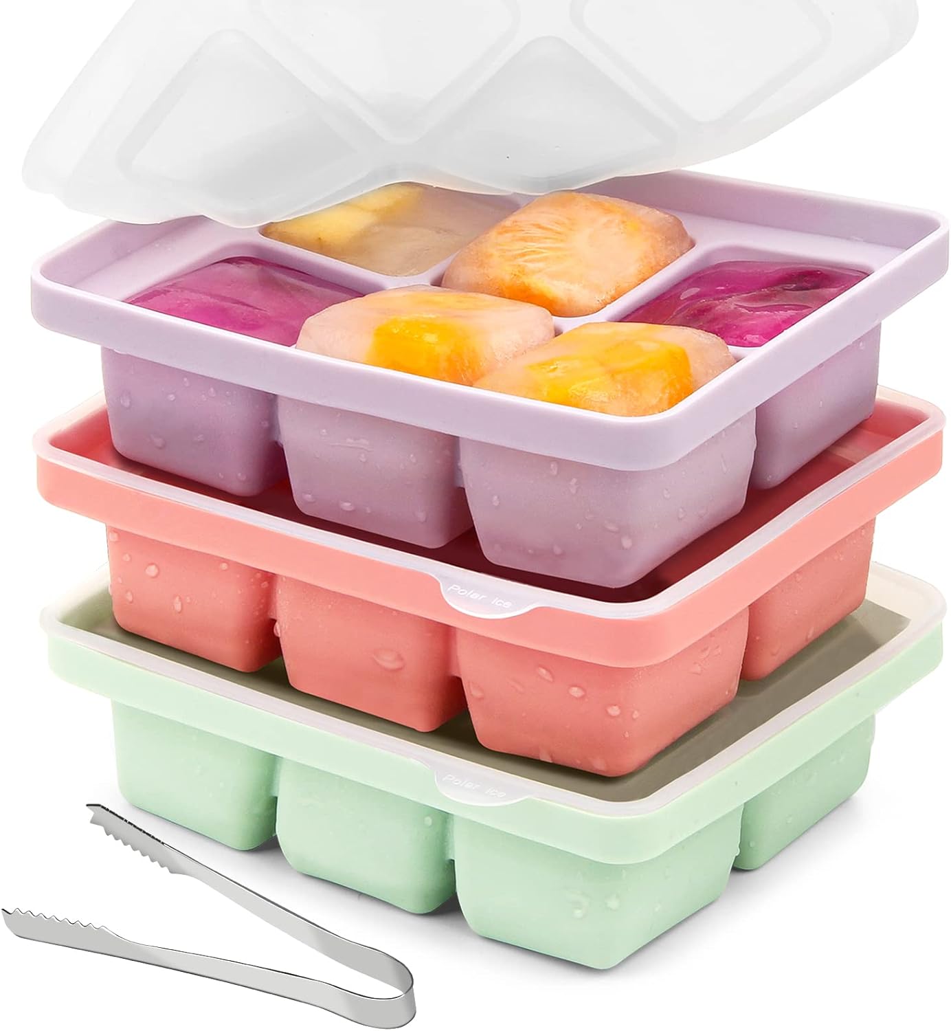 2023 Newest Ice Cube Tray with Lid and Tong, 3Pack Silicone Large Ice Cube Molds BPA Free