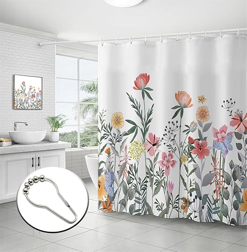 Cortina de ducha floral de tela de flores, juego de cortinas de baño vintage con 12 ganchos, impermeable, lavable a máquina, 72 x 72 pulgadas