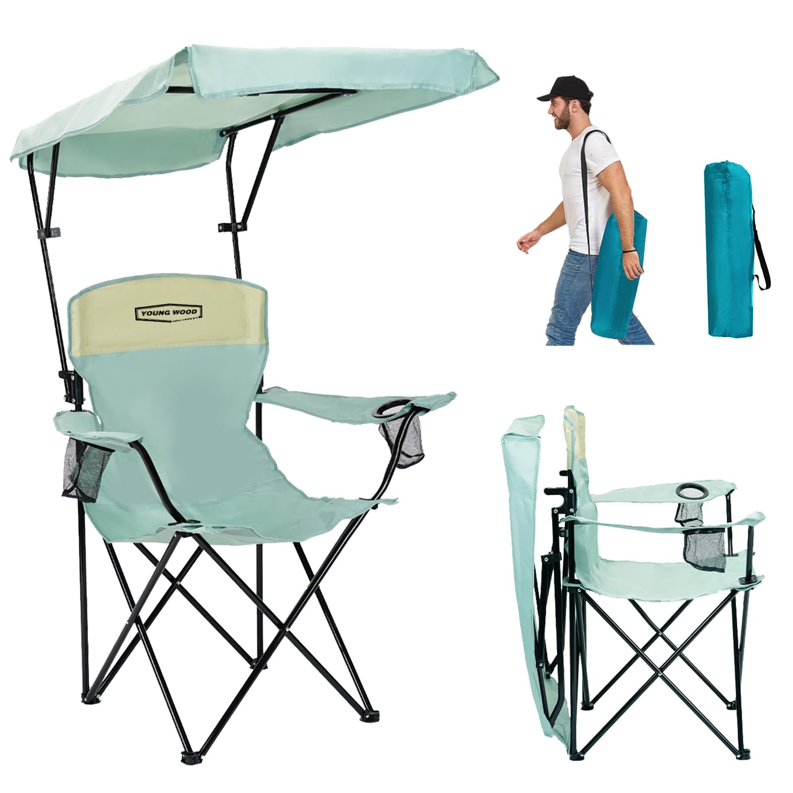 YOUNG WOOD Portable Camping Chair Beach Chair with Shade Canopy, Fold Lightweight Oversized for All, Easy to Open and Close Without Installation, Side Pocket Design for All Outdoor Activities?Blue