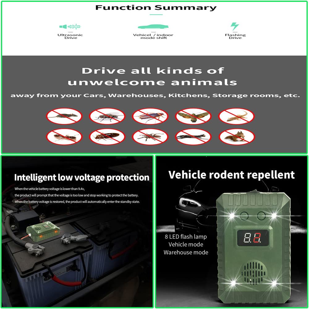 Repellente Per Roditori Sottocofano Auto Shkalacar, Ultrasuoni + Luce Stroboscopica LED, 3 Alimentazioni (USB, 12V, Batterie), Per Camion, Garage, Magazzini