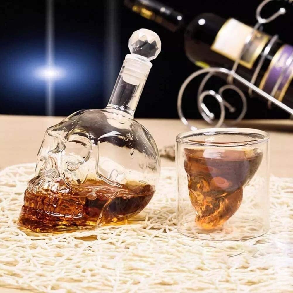Estante para vino Decantador de whisky Cráneo Vino Whisky Juego de vasos de vodka Decantador de vino y juego de vasos con diseño de doble pared con tapón con 6 vasos de whisky de 75 ml para bar de f