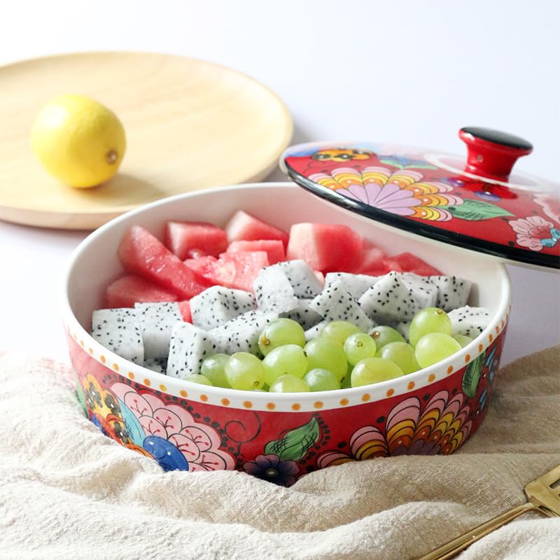 Żywa czerwona ceramiczna miska z pokrywką w kwiaty - 1,5 l/50 oz dekoracyjna misa do serwowania sałatek, zup, owoców i makaronu - ręcznie malowany styl, dekoracja kuchni