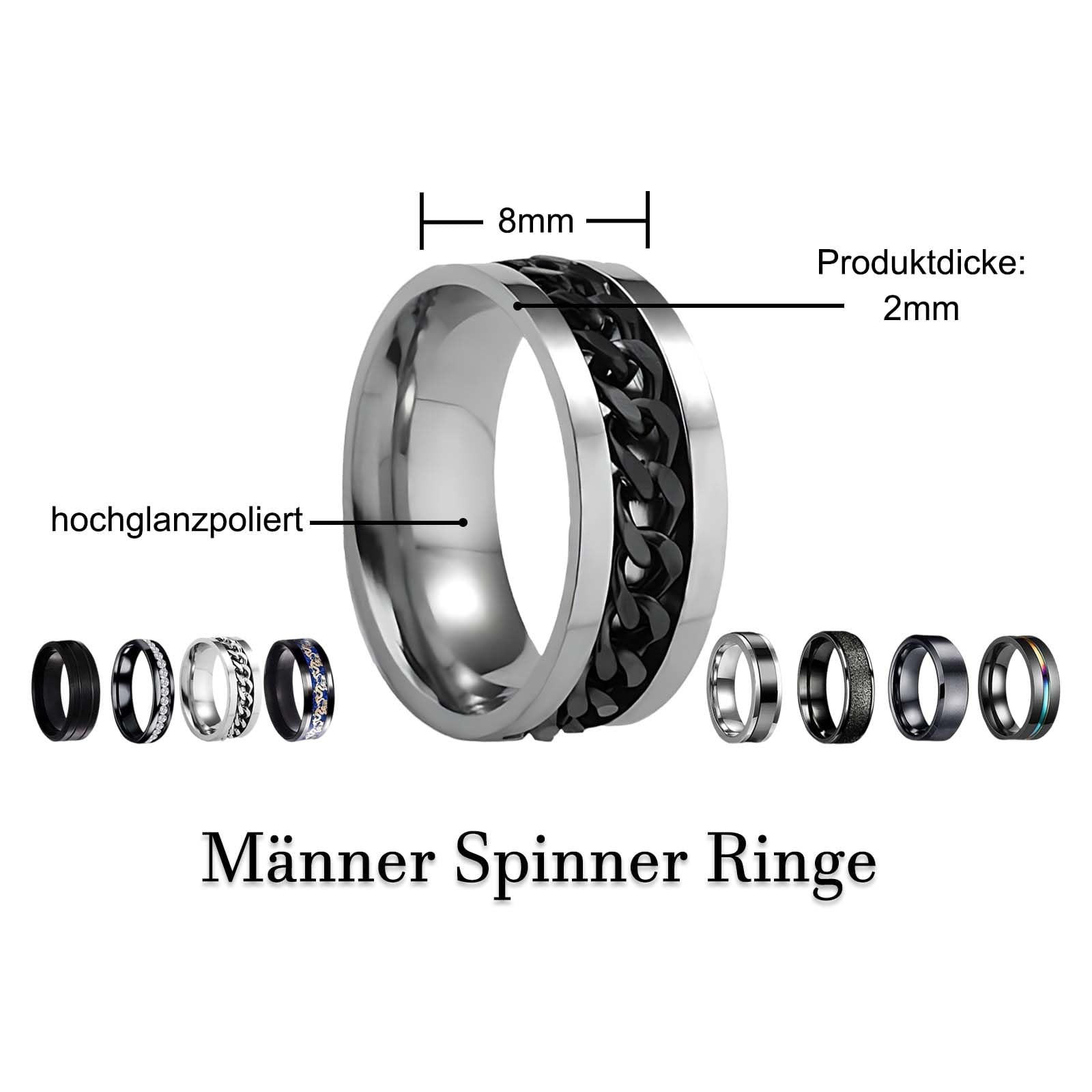 9 sztuk męskich pierścionków, fajny czarny pierścień, bransoletka w kształcie ogniwa, pierścionek fidget ring, zestaw pierścionków spinningowych, obrączki ślubne, czarne pierścionki dla