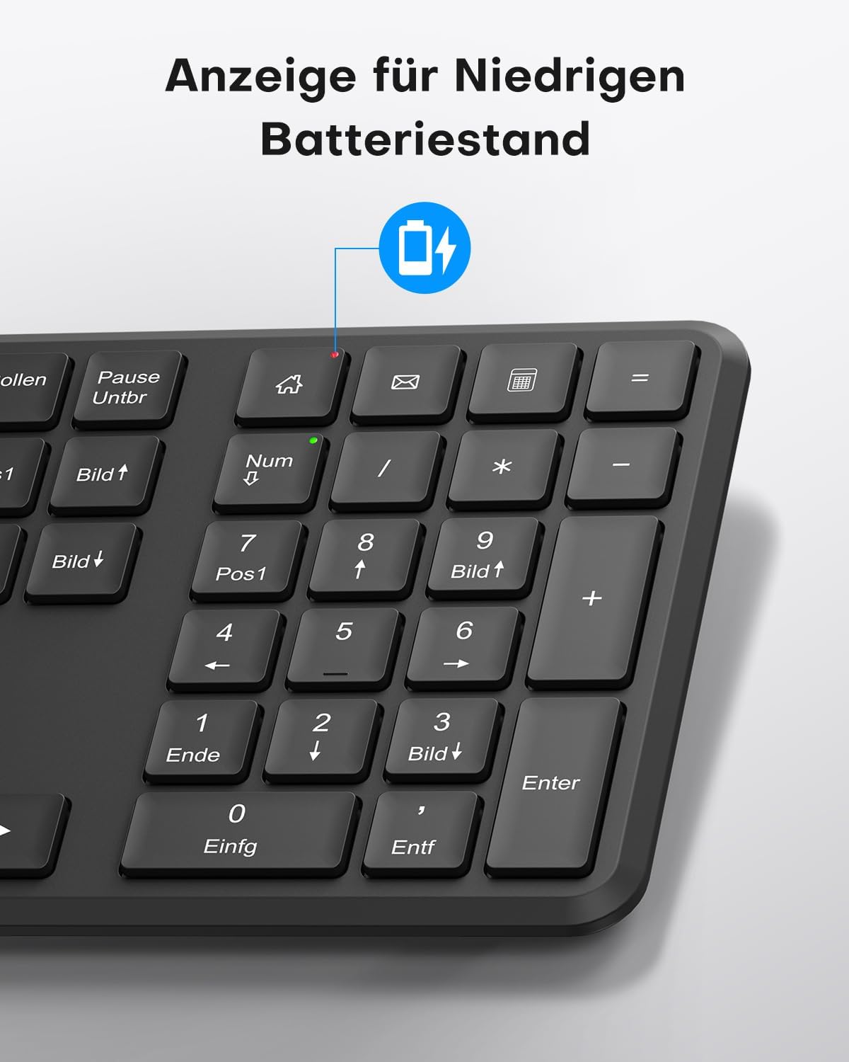 OMOTON WK209 keyboard showing the low battery indicator.
