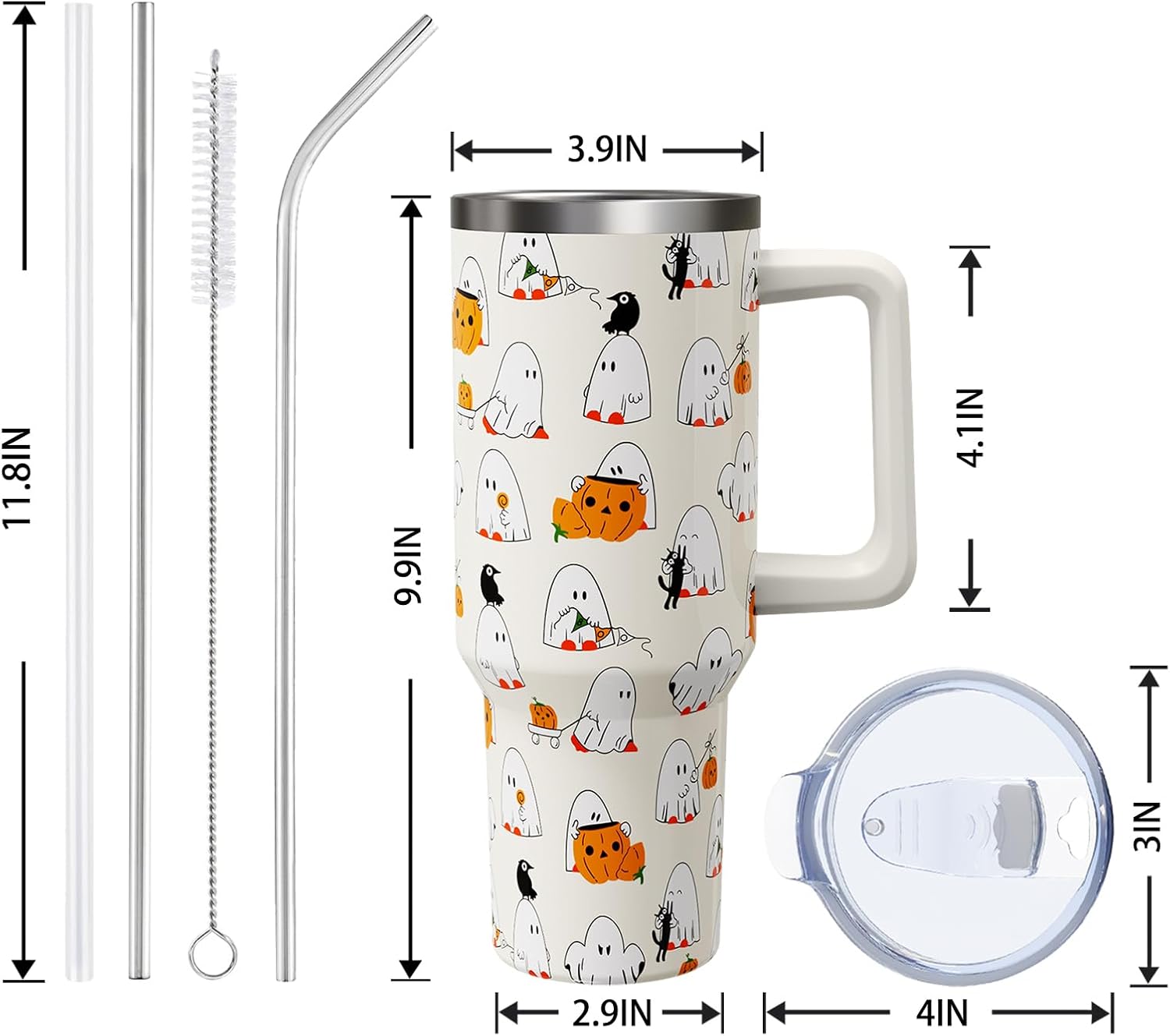Halloween 40 oz Tumbler with Lid Handle and Straw Ghost Pumpkin Stainless Steel Double Walled Insulated Cup Halloween Travel Mug Water Bottle Gifts for Men and Women (1PC) - Image 2