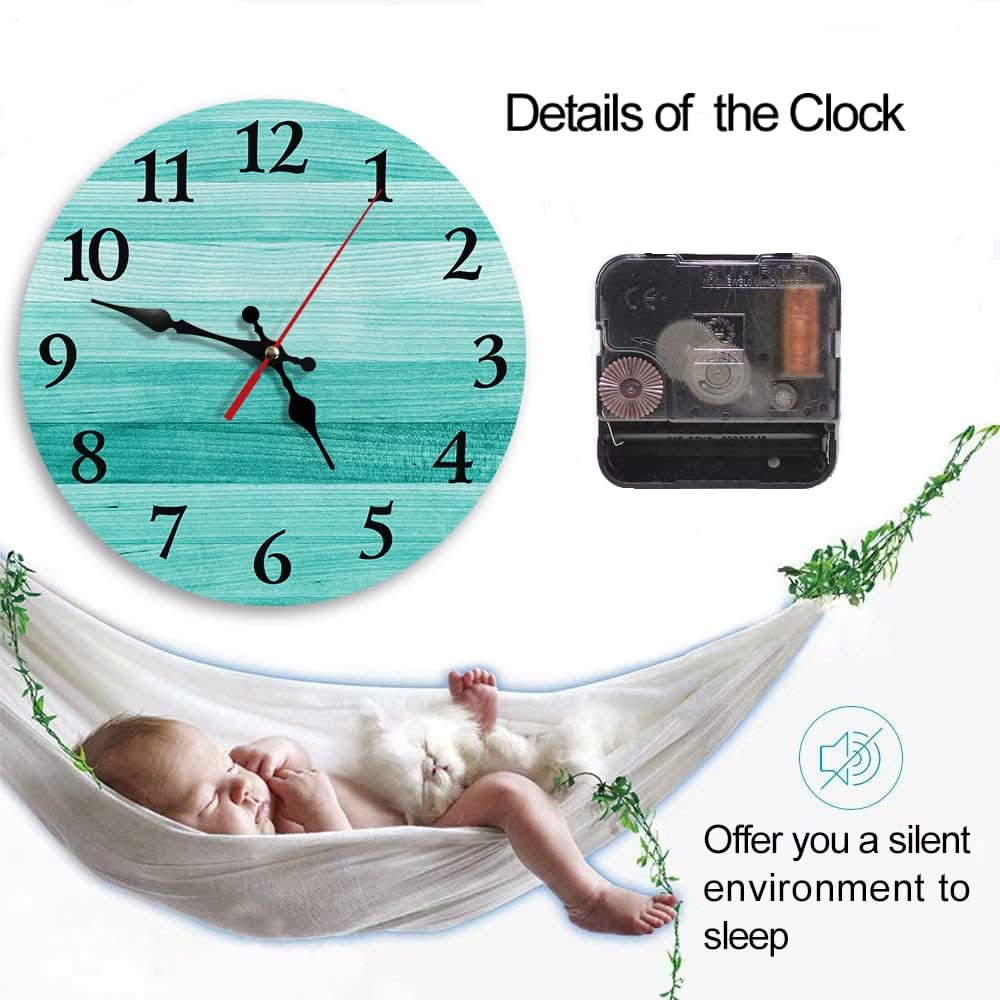 Round Wall Clock Silent Non-Ticking Clock 10 Inch, Teal Turquoise Green Wood Summer, Home Decor for Living Room, Kitchen, Bedroom, and Office