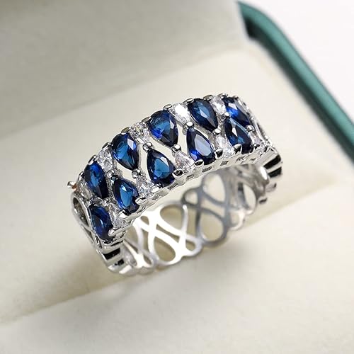 Miniatura 4 de HaoMo - Anillo de boda de plata de ley 925 con topacio y zafiro, anillo de boda brillante en forma de lágrima de pera azul y diamantes de imitación