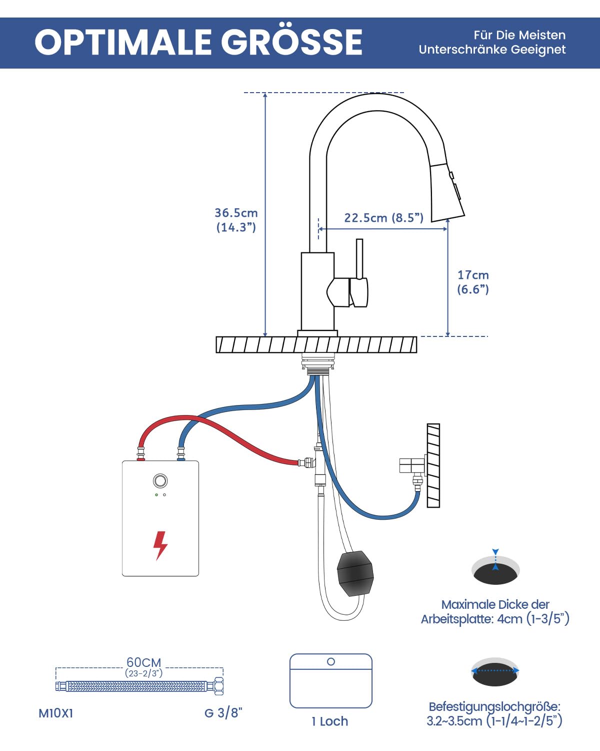 DAYONE Niederdruck Armatur Küche Schwarz, Küchenarmatur Ausziehbar mit 3 Strahlarten, Edelstahl Mischbatterie mit 3 Anschlüssen, 360° Drehbare Wasserhahn Küche, Niederdruck Spültischarmatur für Boiler