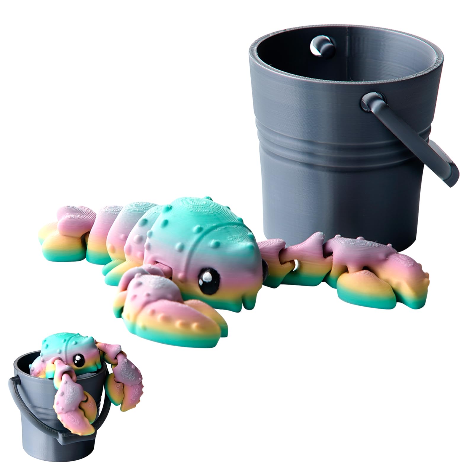 3D Printed Articulated Lobster in Bucket Flexi Toy, Kawaii Fidget Ocean Creature Accessories Gift