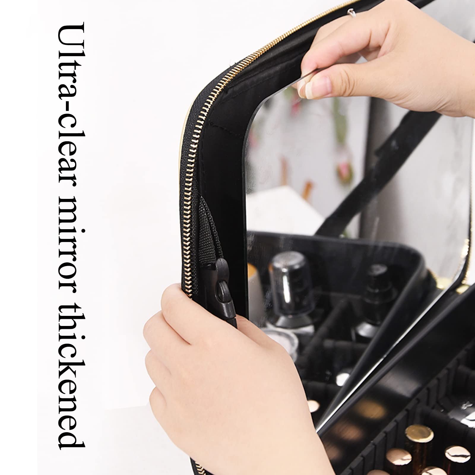 Maletín de cosméticos para equipaje, neceser de maquillaje, portátil, de viaje, con correa para el hombro y compartimento divisor, separadores ajustables, bolsa de cosméticos con espejo, funda de piel