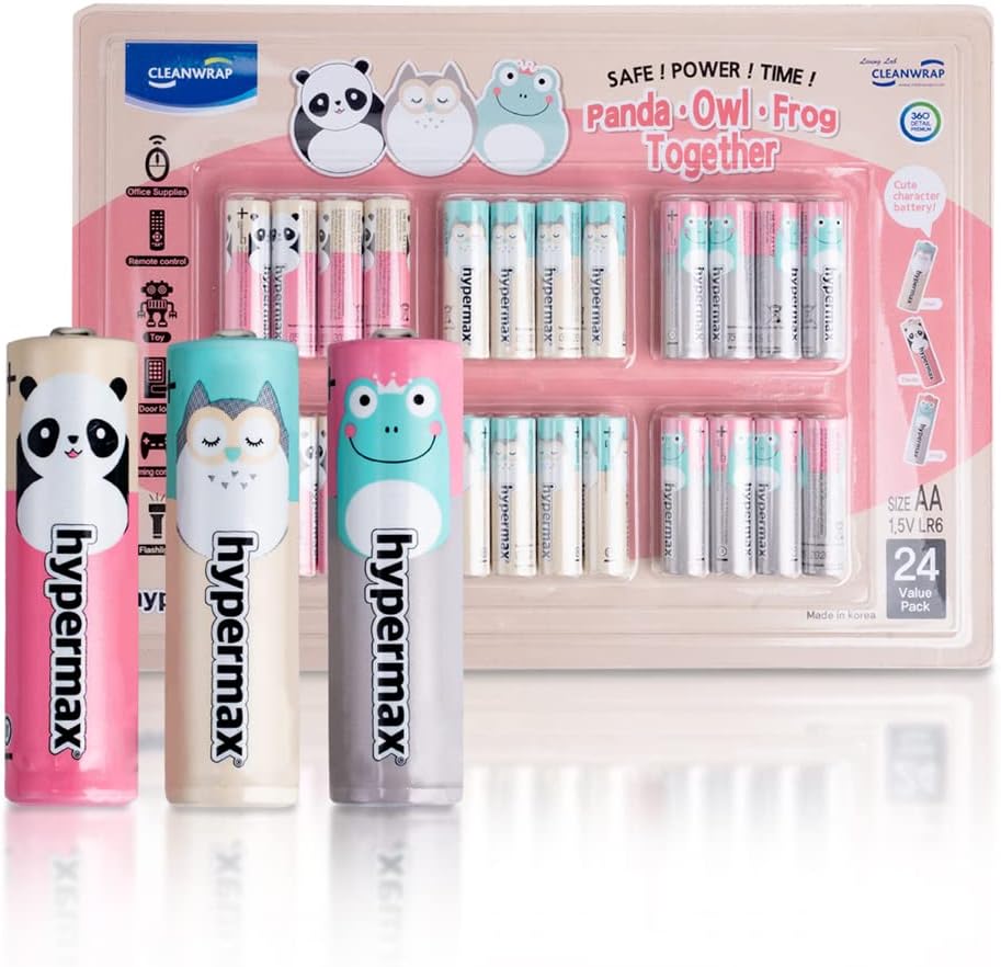 CLEANWRAPHypermax Cute Character Long-Lasting All-Purpose High-Performance Alkaline AA Batteries (1.5V - 24 Pack) | AA Battery, Double A Batteries, AA Batteries 24 Pack, Batteries AA Size