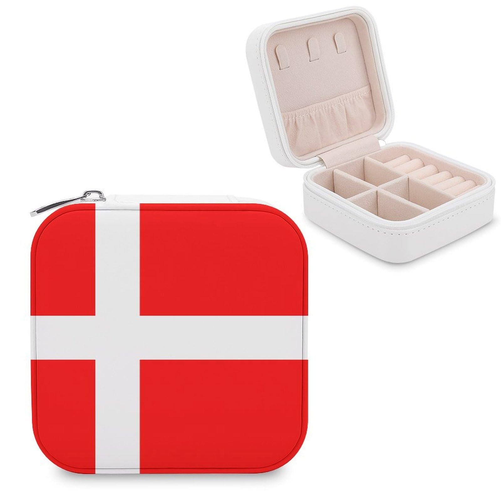 FekiLoot Denmark Danish Flag Jewelry Case Personalized Leather Jewelry Box Mini Travel Jewelry Case Small Portable Jewelry Organizer for Ring Earrings Necklace Bracelet