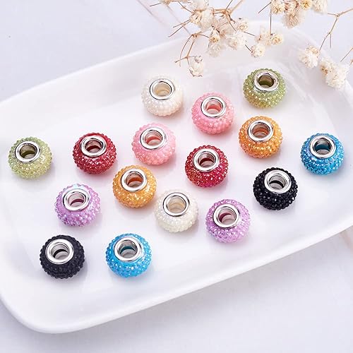 Vista 111 de Cheriswelry 100 cuentas europeas de agujero grande con diamantes de imitación de barril hechas a mano, arcilla polimérica, cuentas espaciadoras