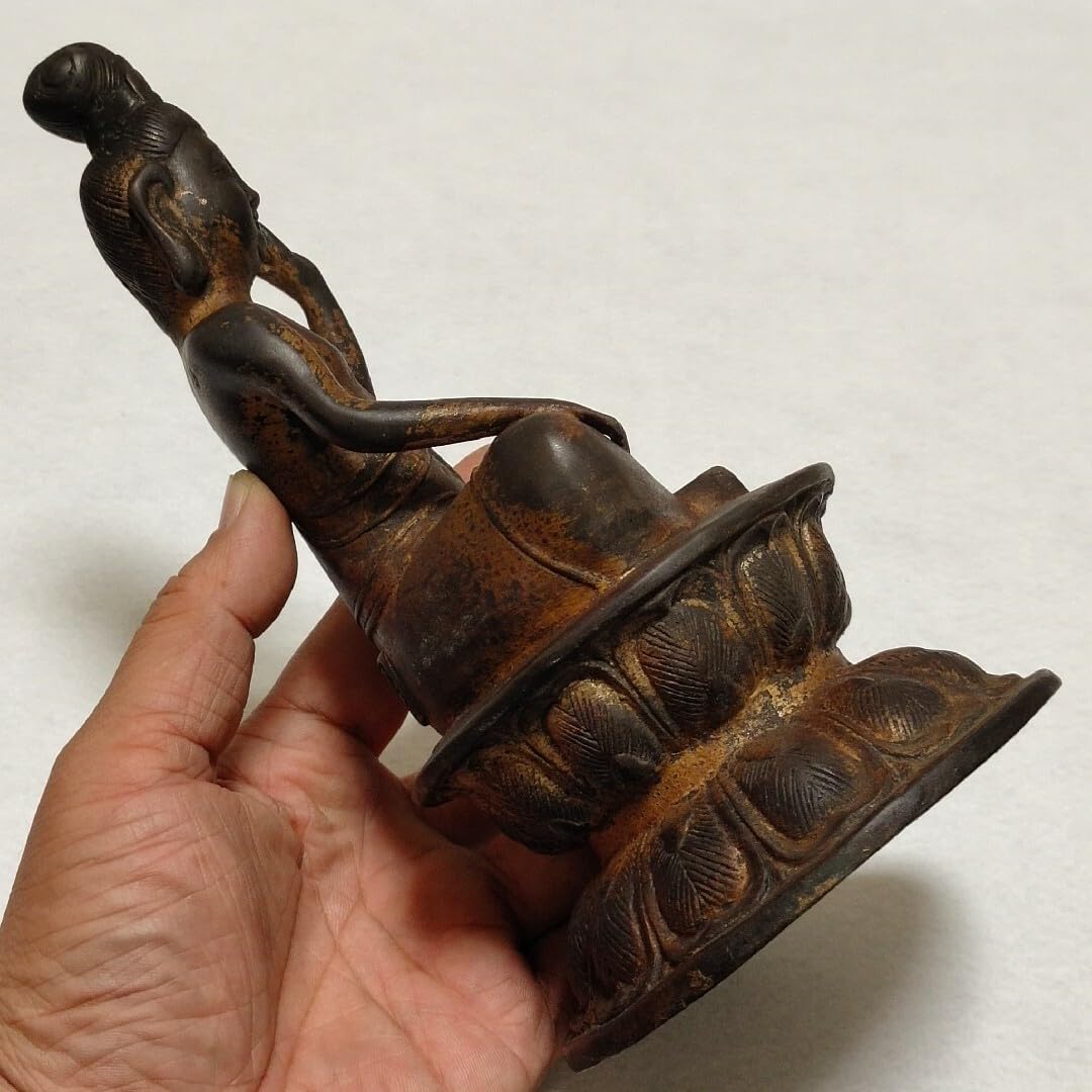 骨董品 古銅 泥金 細工 清代乾隆年制在銘 観音 観自在像 仏教古