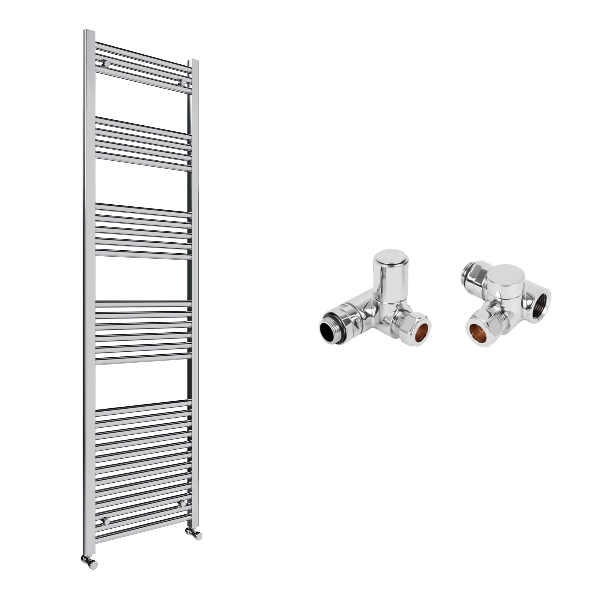 Chrome Bathroom Straight Heated Towel Rail Radiator 600 x 1800 & Dual Fuel Manual Corner Valves