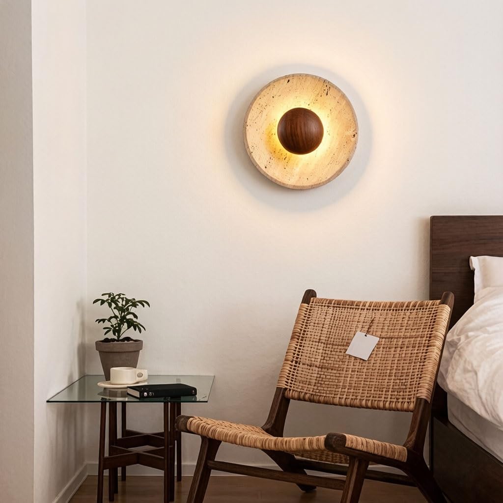 Wabi-Sabi Travertin-Wandleuchte Natürliche Gelbe Travertin-Wandlampe Mit Massivem Walnussholz Minimalistische LED-Wandleuchte Mit Warmem Blendfreiem Licht Geeignet Für Schlafzimmer