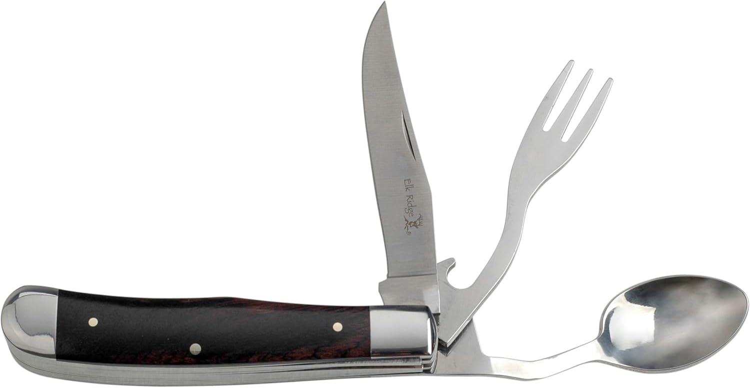 Elk Ridge - Stainless Steel Multi-Function Pocket Knife, Fork, Spoon and Bottle Opener, 4-In-One Tableware, 4-in Closed, Wood Handle - Camping, Hunting, Survival, Multi-Tool