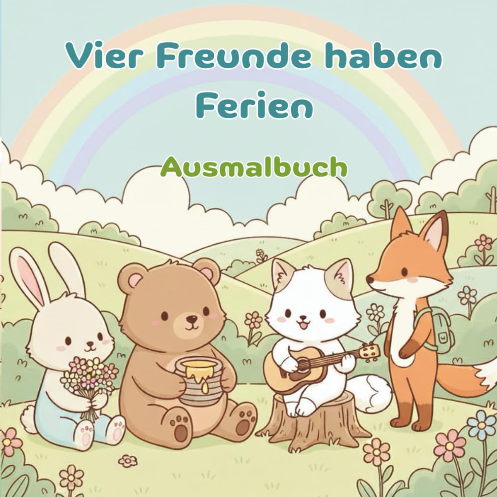 Vier Freunde haben Ferien: Süße Kawaii-Tiere zum Ausmalen | Fuchs, Hase, Bär & Katze in gemütlichen Ferienmotiven | Entspannung & Cozy-Feeling für Groß und Klein