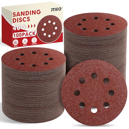 JTIEO 100PCS Sanding Discs 40 Grit 5 Inch Orbital Sander Pads Hook & Loop Sandpaper Pads 8 Hole Round Sanding Discs for Random Orbital Sanders