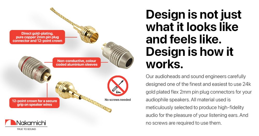 Nakamichi FanLock Wtyczka Pin 2mm Flex Platerowana 24-Karatowym Złotem 10 AWG - 18 AWG Rozmiar 4mm do Głośników, Wzmacniacza Hi-Fi, Kabla Audio, Szybkozłącze, 4 Sztuki (2 Pary)
