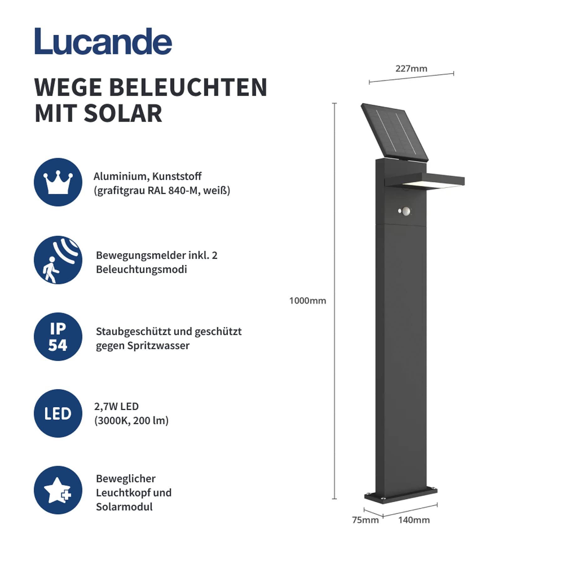 Lucande LED Solarleuchten Silvan mit Bewegungsmelder (spritzwassergeschützt (Modern) in Schwarz aus Aluminium (1 flammig,) - Solarlampe Solarleuchte Garten