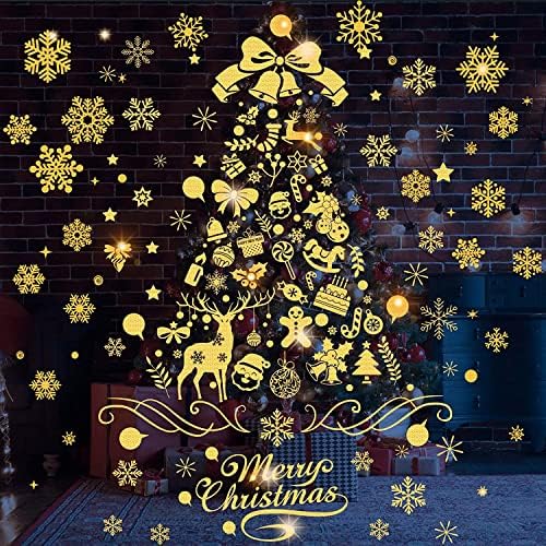 KKS Christmas Tree Window Clings,Gold Glitter Snowflake Window Clings PVC Stickers for Home Party Decorations Supplies (Gold Christmas Tree)