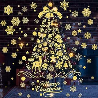 KKS Christmas Tree Window Clings,Gold Glitter Snowflake Window Clings PVC Stickers for Home Party Decorations Supplies (Gold Christmas Tree)