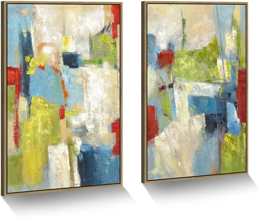 framed abstract colorful wall art: 2 pieces artistic heavy textured artwork green red aesthetic painting for living room 36”x24”x2 colorful