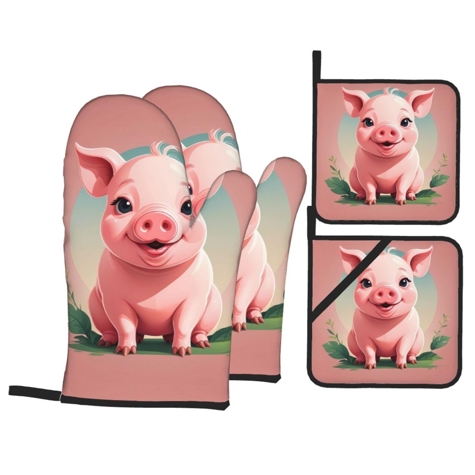 HJFCZH Lovely Pig Picture Kitchen Baking Set of 4 Thick Insulated Oven Mitt & Pot Holders, Anti-Scalding for Microwave, Oven, Outdoor BBQ