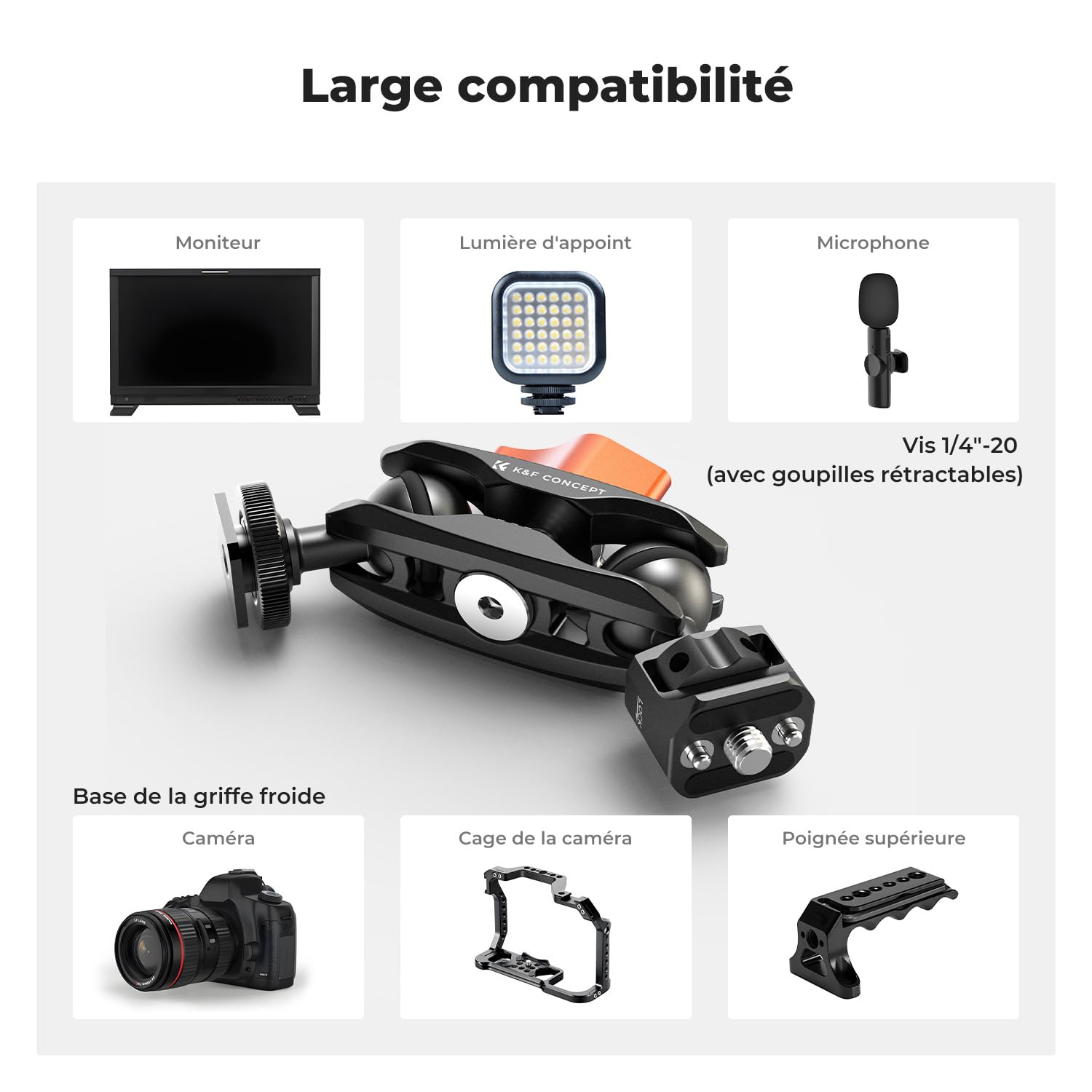 K&F CONCEPT Bras Magique avec Cold Shoe, Support pour Moniteur Cold Shoe et Vis 1/4", Rotatif Double Ballhead, pour Microphone, Surveiller Lumière LED