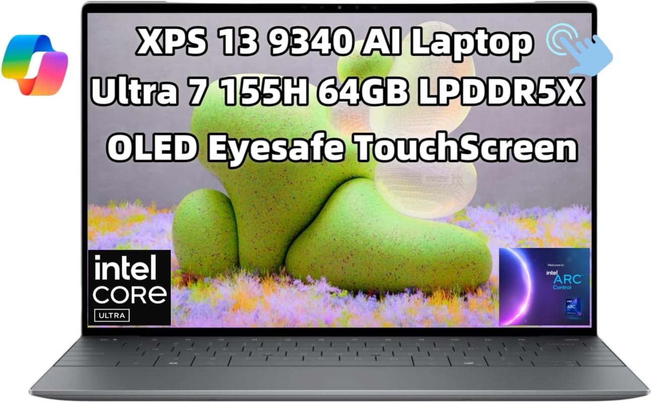 NewDell XPS 13 9340 Powerful AI Laptop 13.4 inch 3K OLED TouchScreen Intel.Core Ultra 7 155H 64GB LPDDR5X RAM 1TB SSD Webcam Backlit Keyboard Fingerprint WiFi 7 Copilot Key Thunderbolt 4 Win 11 Pro