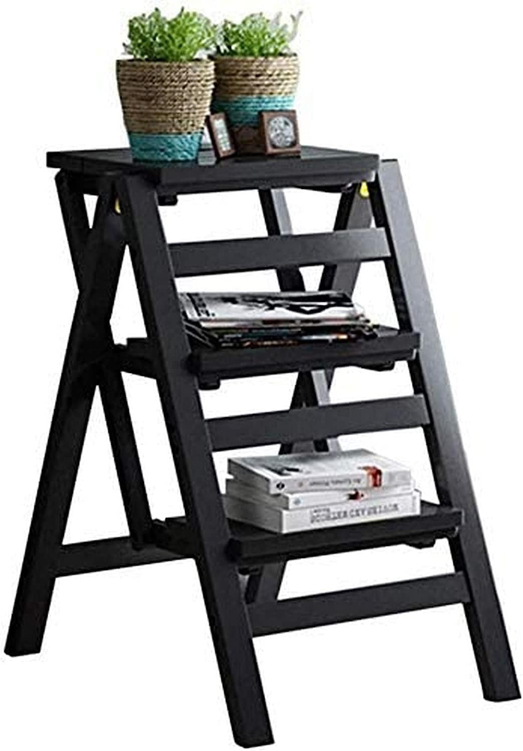 OKUOKA Wood Step Stool Folding Ladder Chair 3 Step Ladder Step Stool Stair Chair Seats Wooden Staircase Shelf Stepladder Dual-Use Climb Widened Multifunction Safety Household Kitchen Indo