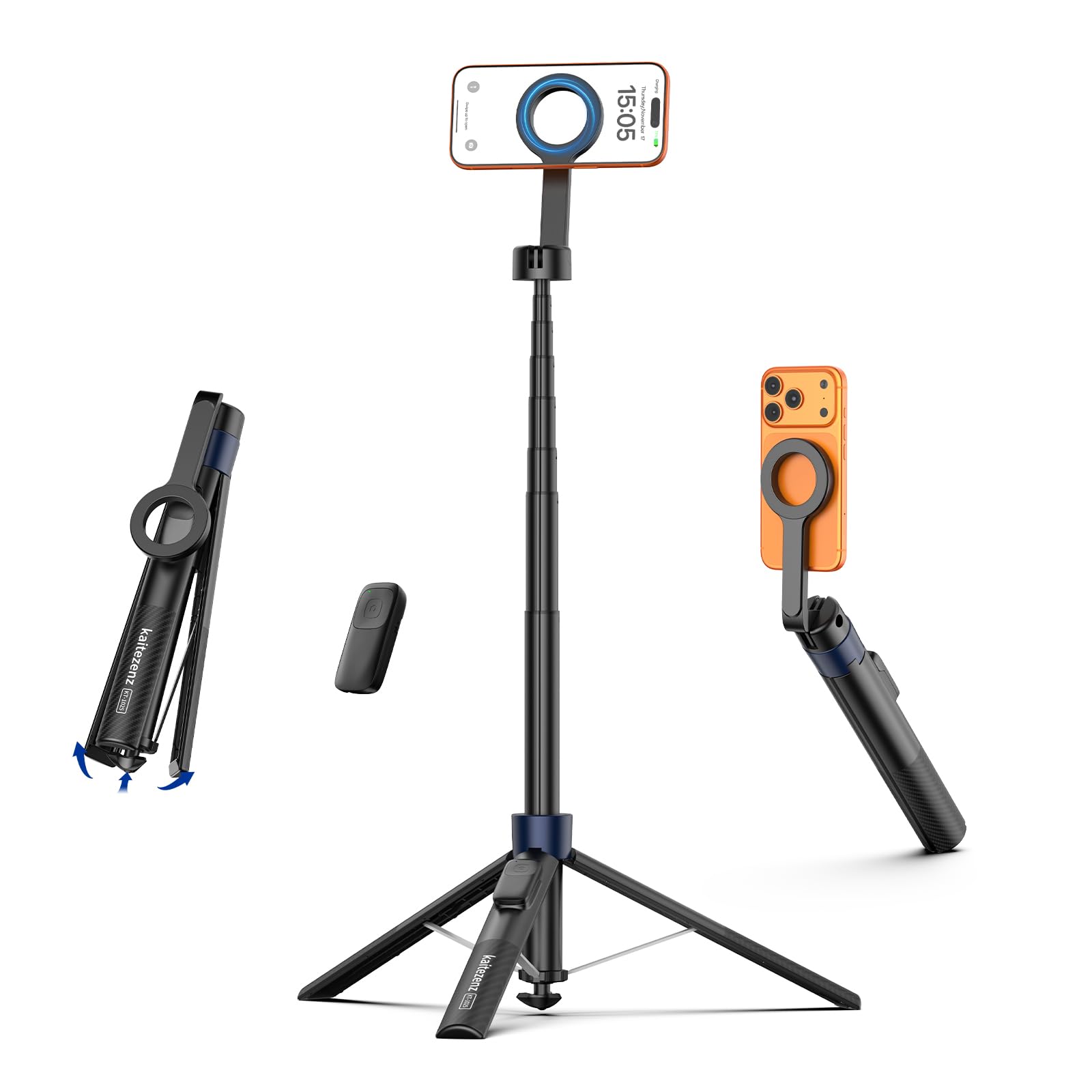 Kaitezenz Trípode magnético de apertura automática para iPhone MagSafe, soporte para teléfono celular de 71 pulgadas con anillo de metal y control remoto recargable para grabación de video y vlogging