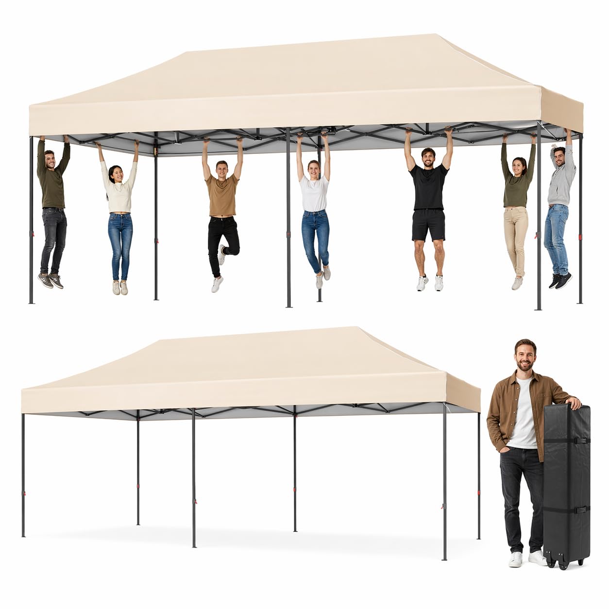 Aoxun Pop Up Gazebo 3m x 6m Waterproof Outdoor Canopy with Wheeled Carrybag,6 Weight Bags, 8 Stakes and 4 Ropes, Heavy Duty Instant Shelter for Garden Party BBQ, Beige