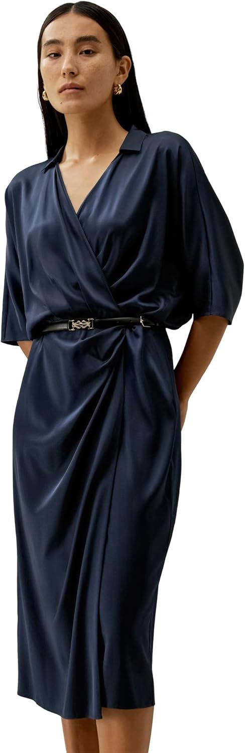 LilySilk Women Silk Dress V-Neck Wrap Loose Three-Quarter Sleeve Long Dress Soft Luxury for Ladies Work Casual