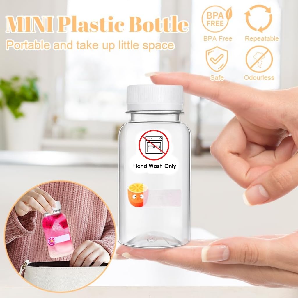 15 sztuk butelek na sok do napełniania, 100 ml, wielokrotnego użytku PET z pokrywką, mini plastikowe butelki z naklejką, butelki na sok, napoje wodne (czarne)