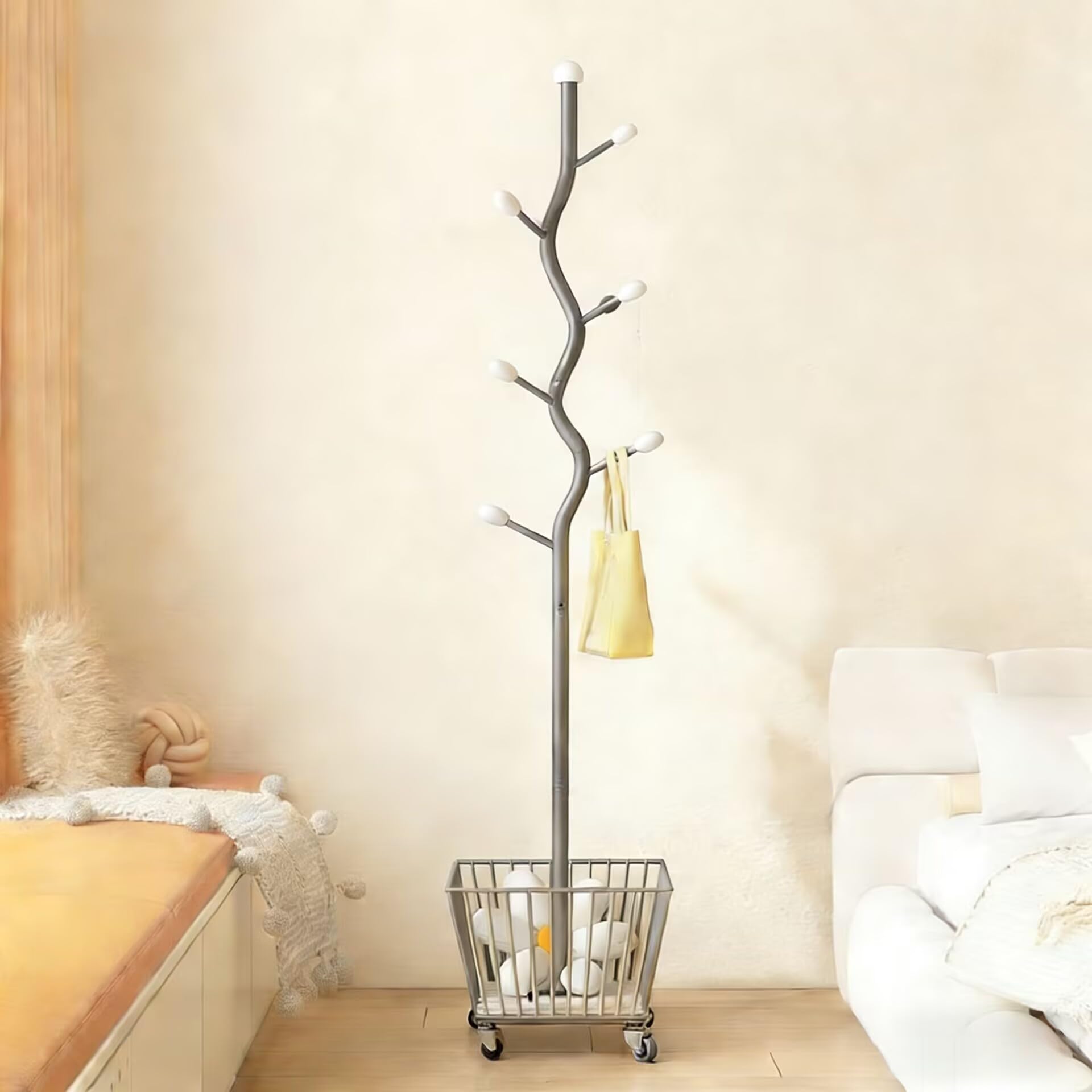 Perchero en forma de árbol con cesta de almacenamiento, colgador independiente, 9 ganchos y ruedas con cerradura para entrada, dormitorio