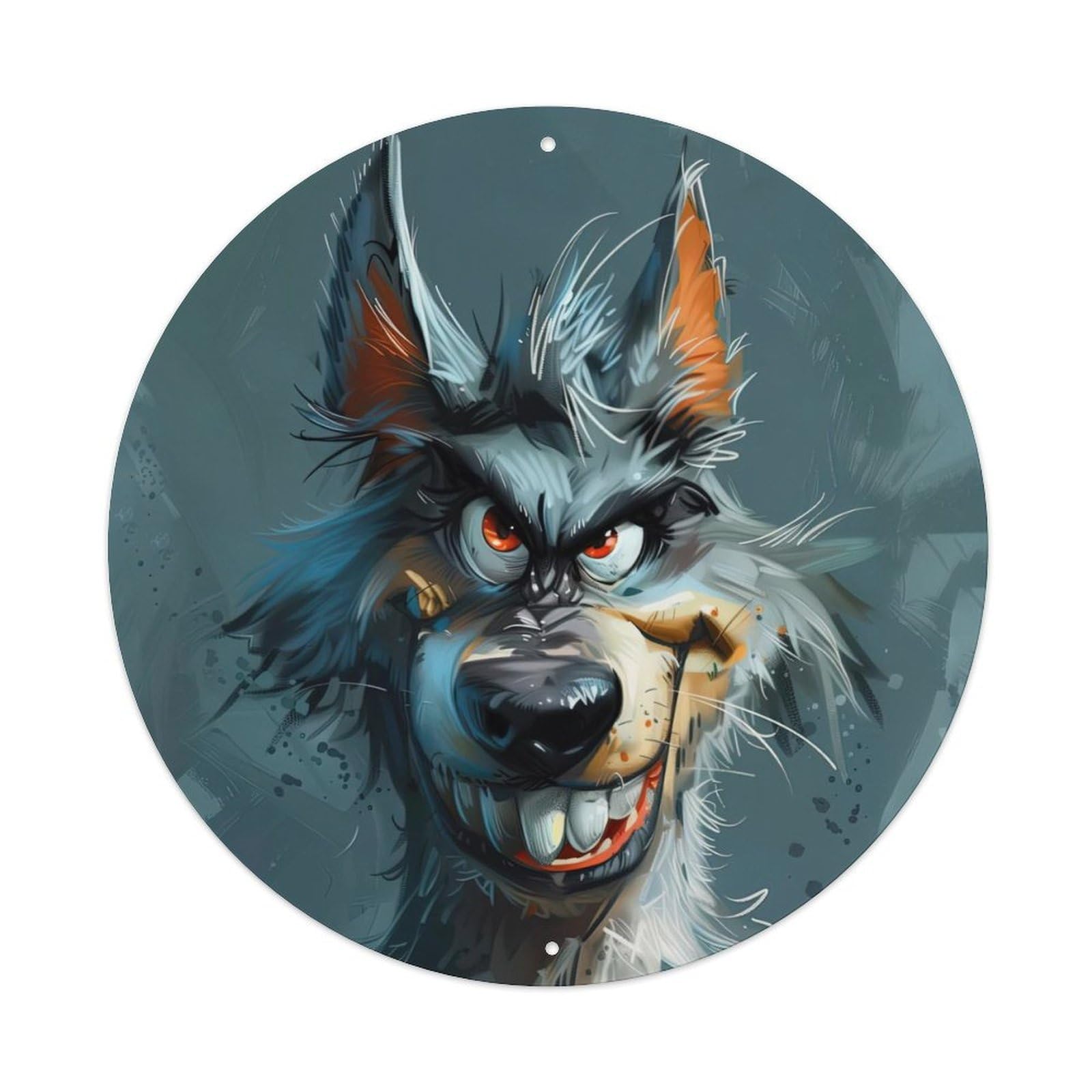 Animal Poster of A Wolf with A Bad Smile Vintage Metal Tin Sign Plaque Wall Decor for Cafe, Club, Garden Round Metal Poster 8x8Inch