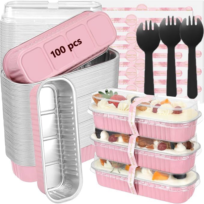 Recopilación de Moldes para tartas y bizcochos . 49 Juego de 100 mini moldes para tartas con tapas y cucharas, moldes rectangulares de aluminio de 200ml, mini sartenes para pan para hornear, recipientes para ramekins, cupcakes,...